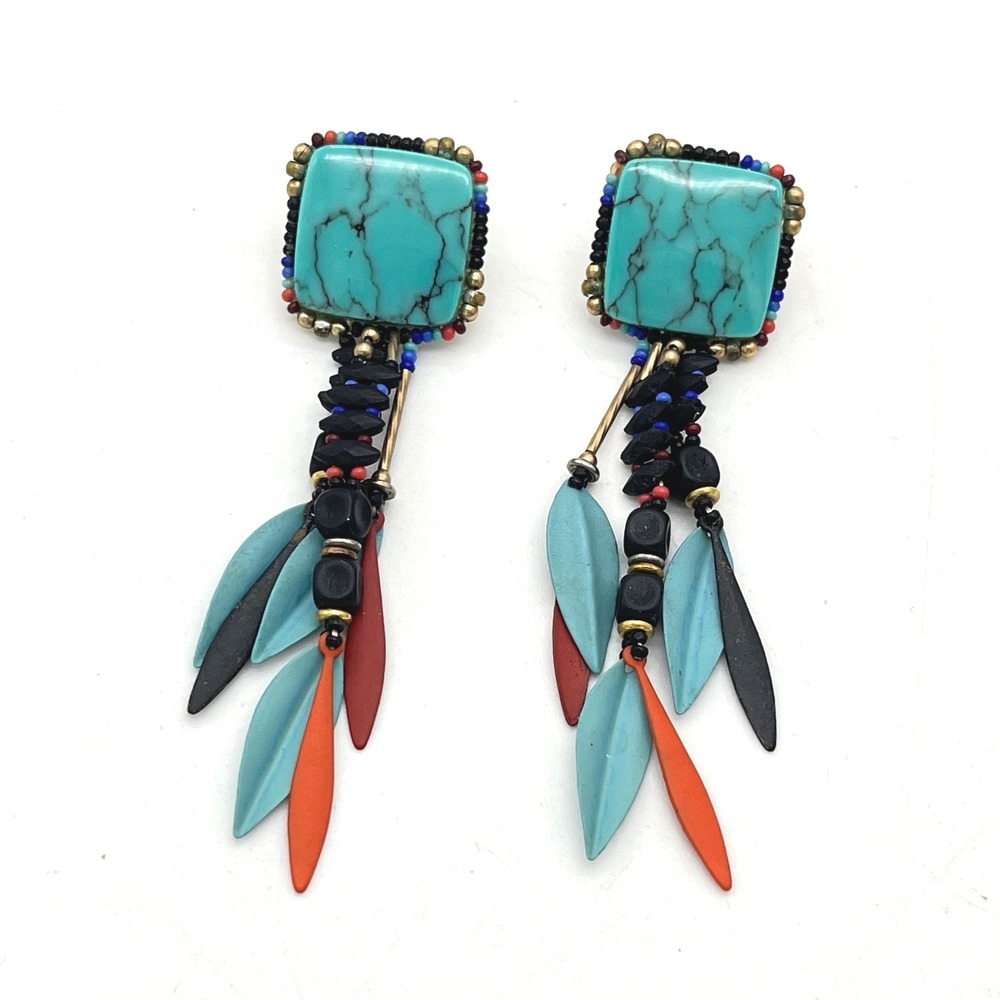 Southwestern Faux Turquoise Beaded Leaf Dangle Statement Earrings Teal Black